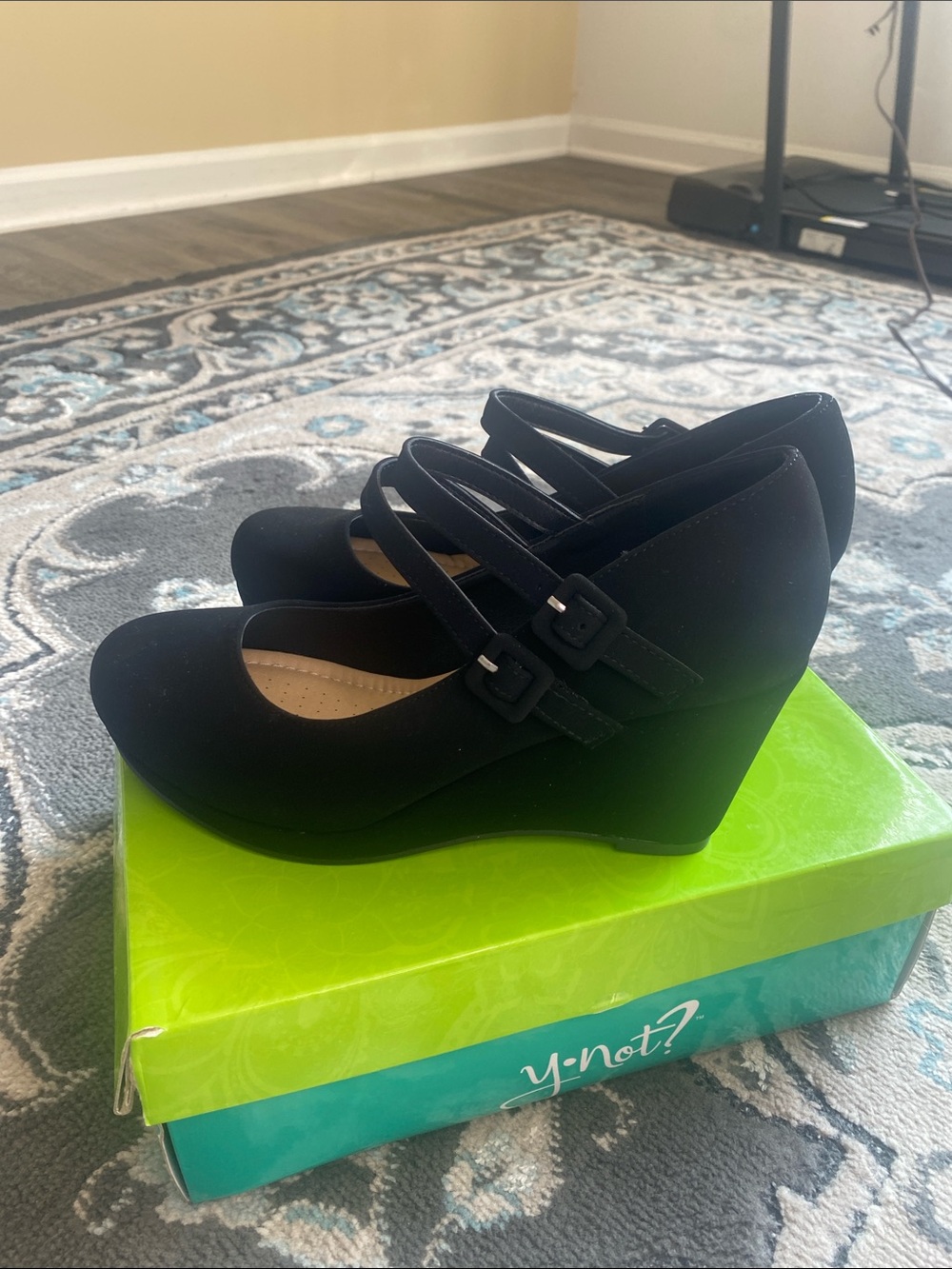 Y-NOT Women’s Black Double-Strap Wedge Pumps